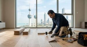 فني محترف يقوم بتركيب وتلميع أرضيات الباركيه الخشبية بدقة وإتقان باستخدام أحدث المعدات ضمن خدمات تركيب باركيه الرحاب بالكويت لضمان مظهر جمالي وعصري وراحة العملاء.