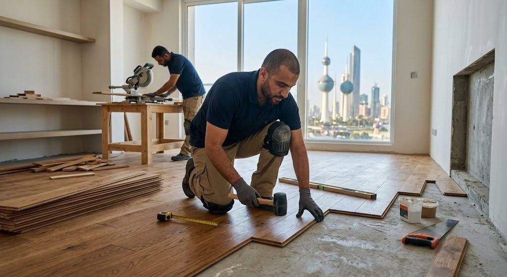 فريق عمل محترف يقوم بتركيب أرضيات الباركيه بدقة وإتقان باستخدام أحدث الأدوات وأجود أنواع الأخشاب ضمن خدمات تركيب باركيه جليب الشيوخ لضمان مظهر جمالي وأنيق وراحة العملاء.