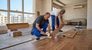 فني محترف يقوم بأعمال تركيب أرضيات الباركيه بدقة وأمان باستخدام أحدث المعدات والأدوات المتخصصة ضمن خدمات تركيب باركيه المنصوريه بالكويت لضمان الجمالية العالية وراحة العملاء.