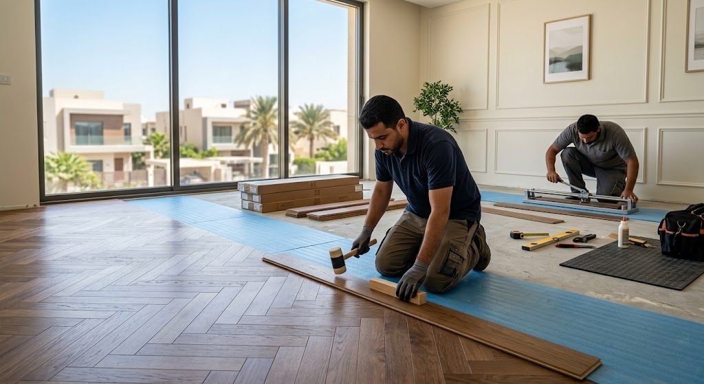 فني محترف يقوم بأعمال تركيب وتثبيت أرضيات الباركيه بدقة وأمان باستخدام أحدث المعدات وأجود أنواع الأخشاب ضمن خدمات تركيب باركيه الصديق لضمان مظهر جمالي رائع وراحة العملاء.